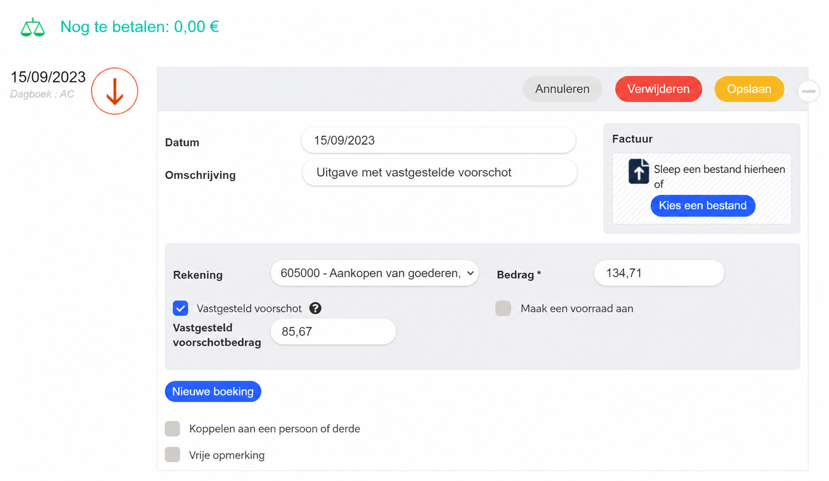 Invoerformulier van een uitgave met het vakje « Charge constatée d'avance » aangevinkt, een bedrag van 125 € en een over te dragen deel van 80 €.