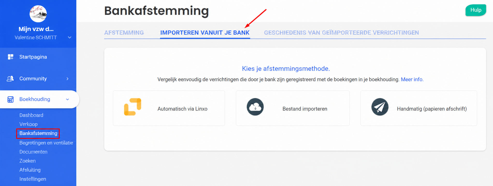 Pagina Bankafstemming met het tabblad « Importeren vanuit uw bank » in de kijker, met drie methodes: Automatisch via Linxo, Bestand importeren en Manueel