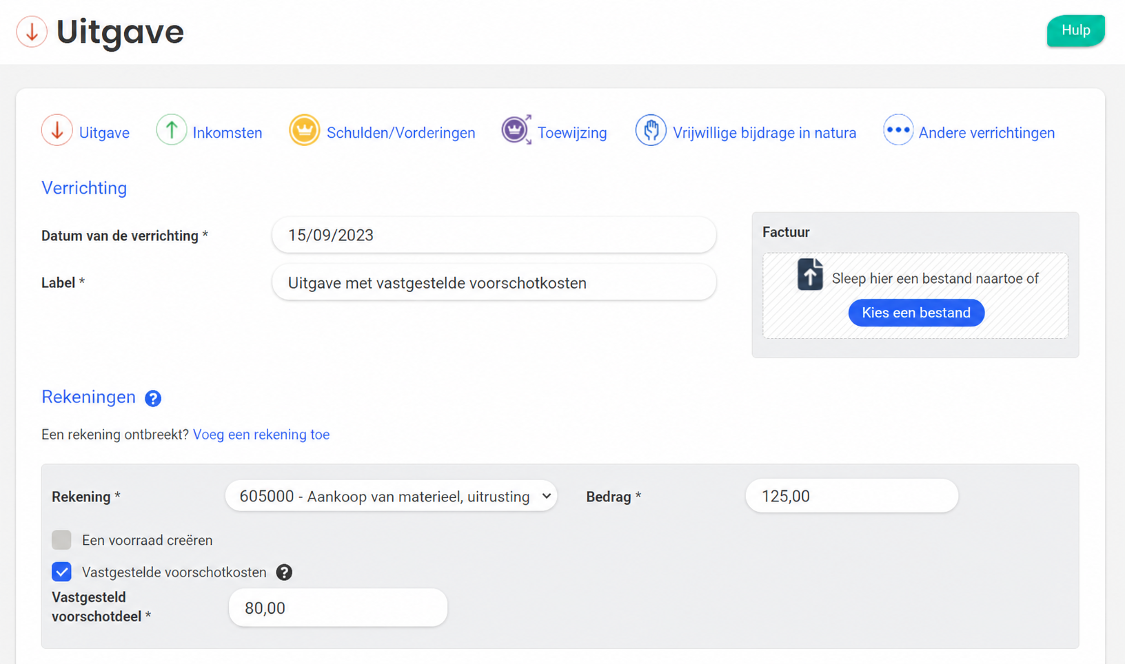 Uitgaveformulier in AssoConnect met het vakje « Charge constatée d'avance » aangevinkt en een over te dragen deel van 80,00 € op een bedrag van 125,00 €.