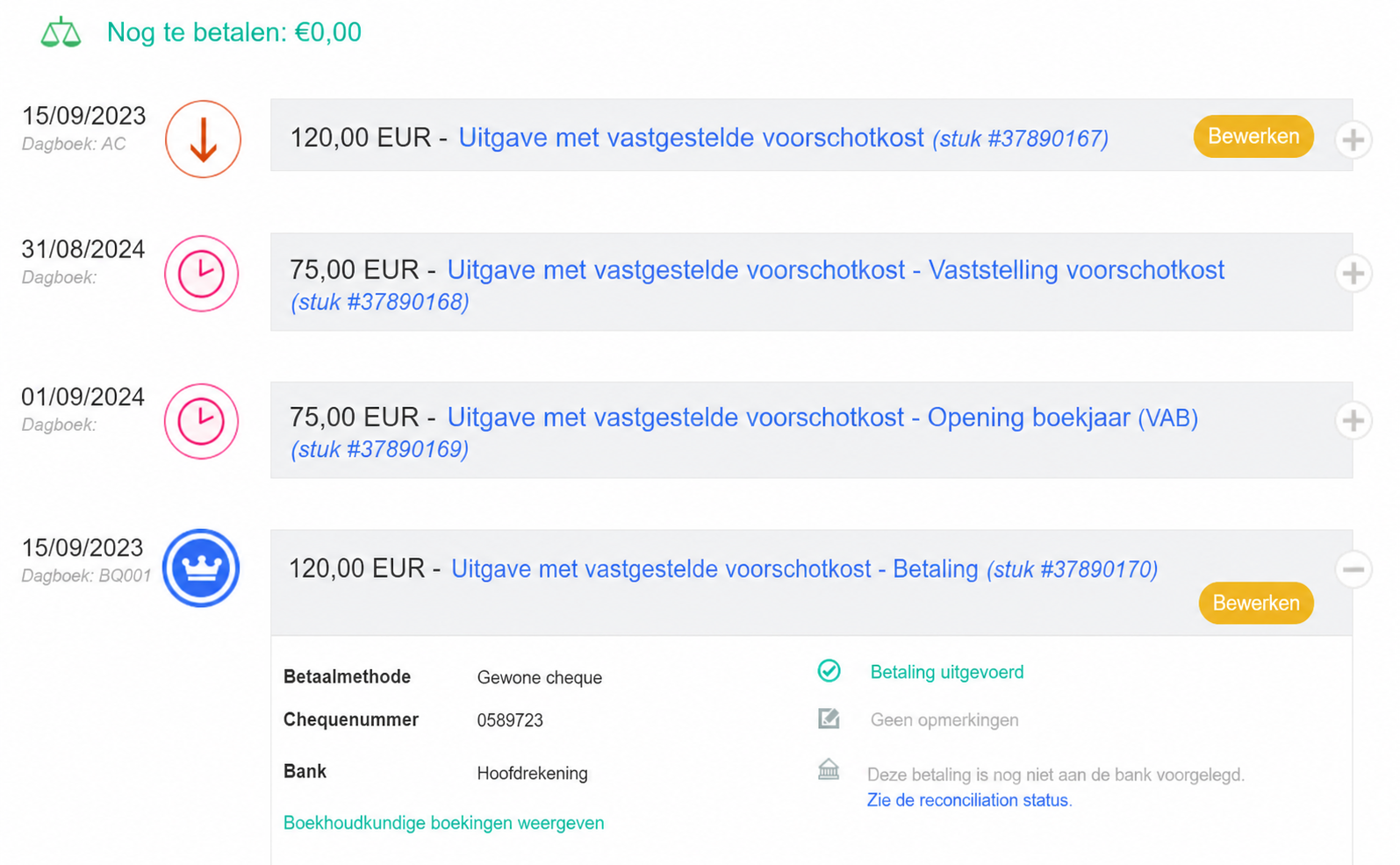 Detail van een uitgave met over te dragen kost in AssoConnect: nog te betalen 0 €, 4 gekoppelde boekingen (125 € AC, 80 € CCA, betaling met cheque nr. 0573629)