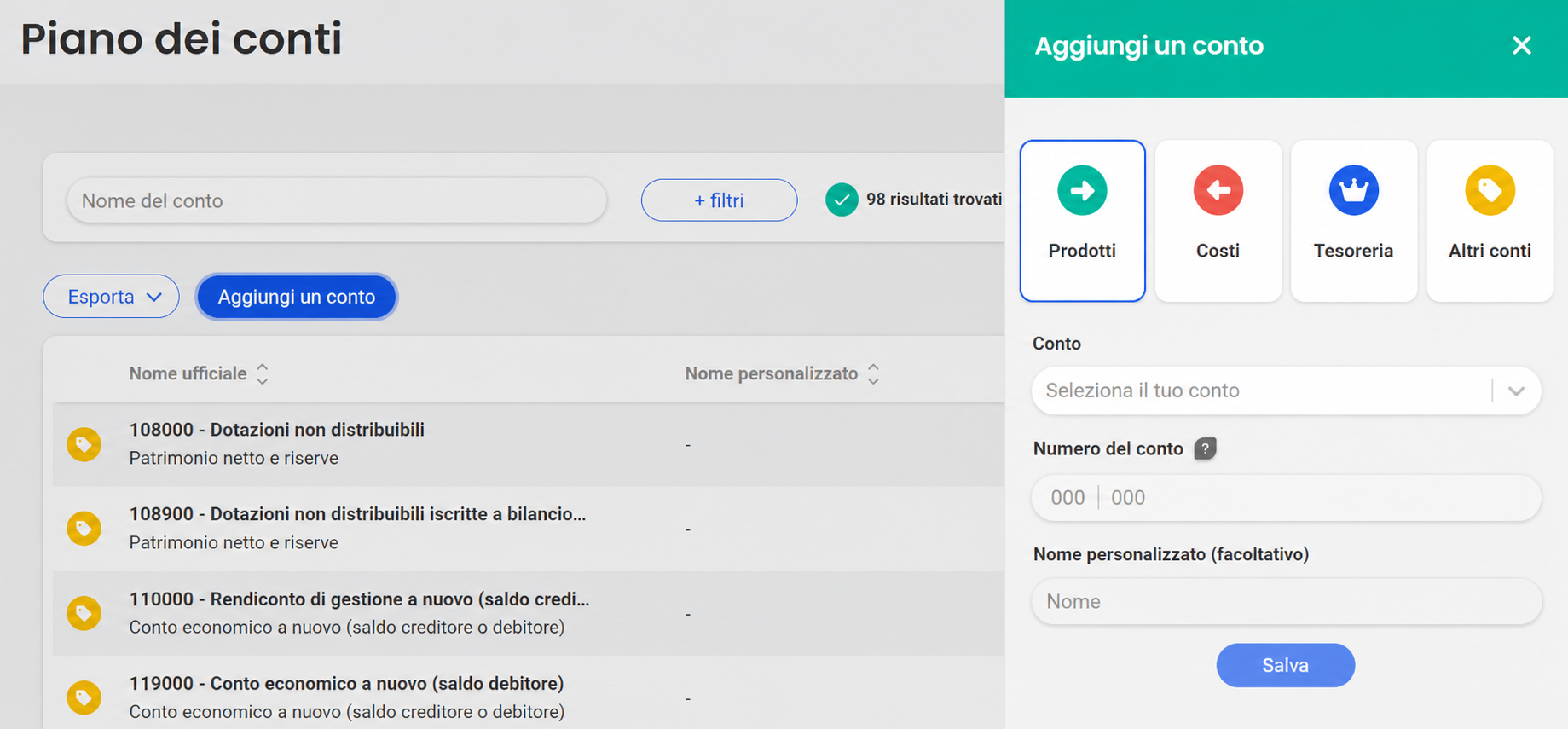 Plan comptable con il pannello « Ajouter un compte » aperto, che mostra le categorie Produits, Charges, Trésorerie e Autres comptes