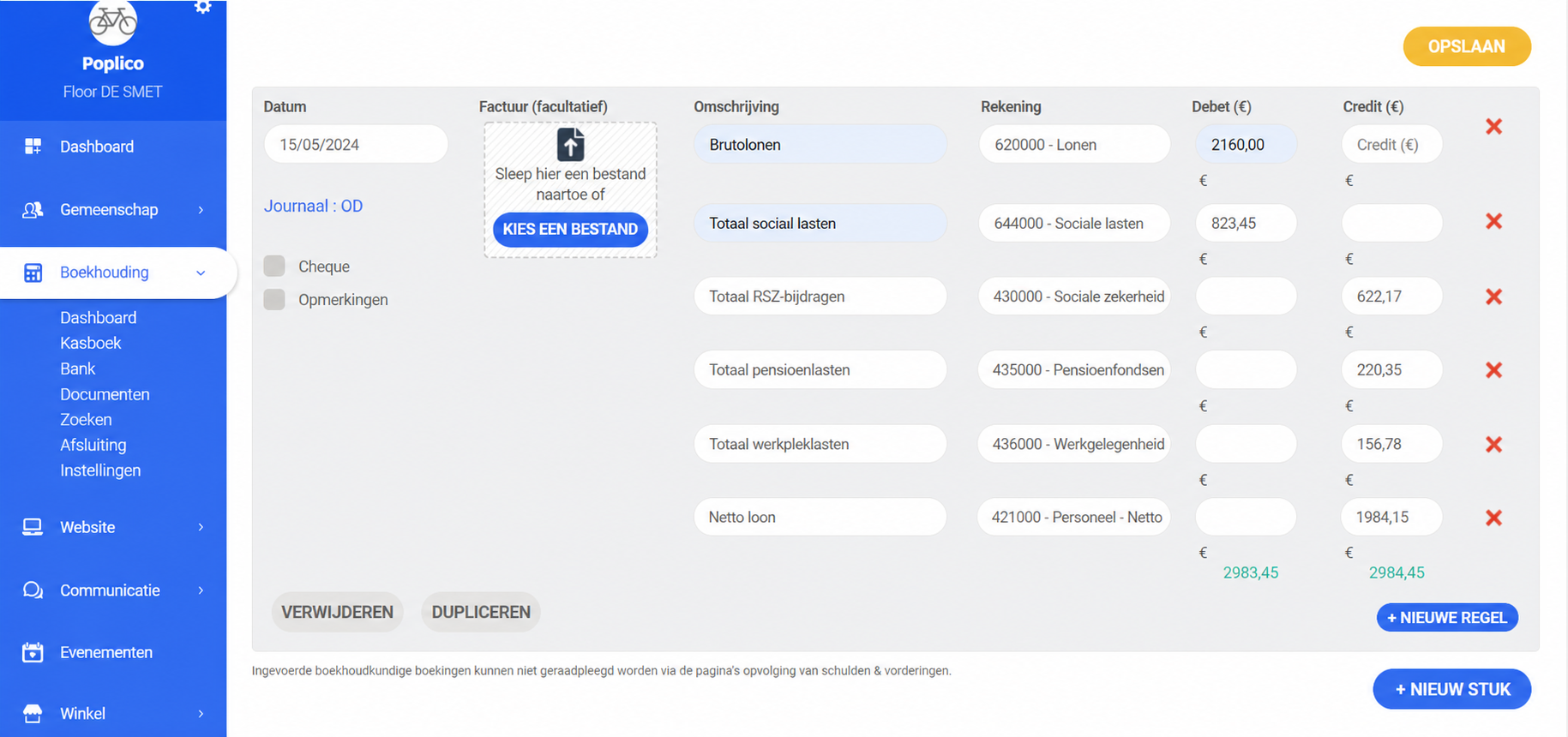 Saisie d'une écriture de paie dans AssoConnect avec les lignes Rémunération Brute (1900 €), charges patronales, URSSAF, retraite, Pôle Emploi et Rémunération Nette (1491,51 €)