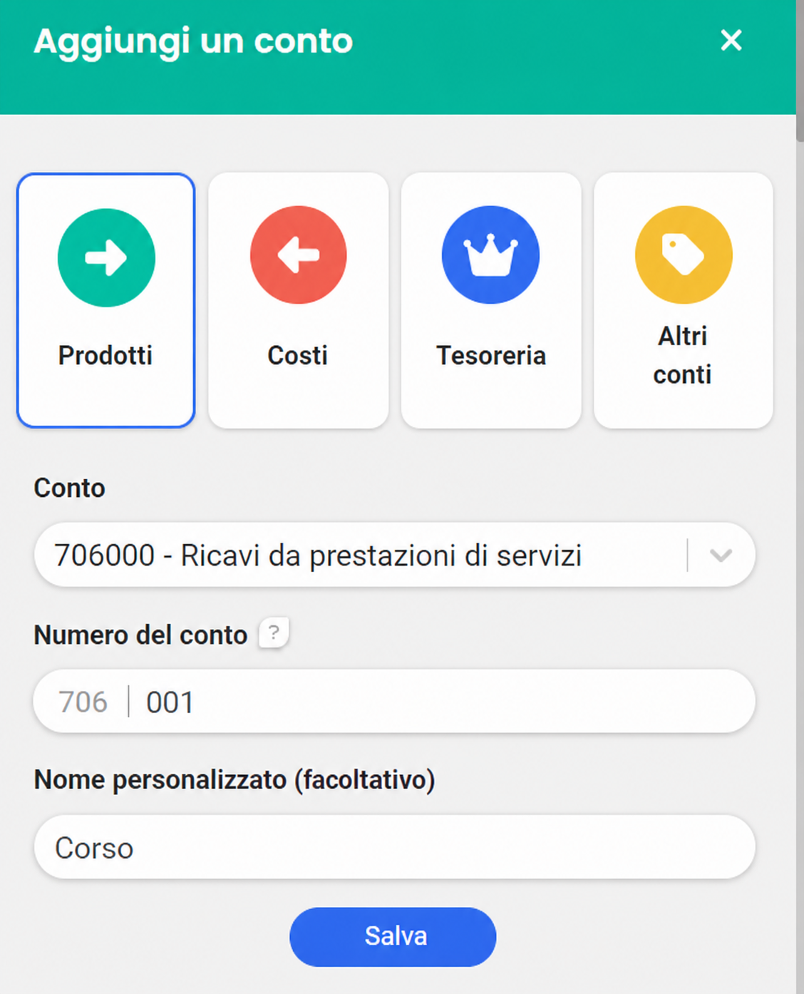 Finestra « Ajouter un compte » con la categoria Produits selezionata, il conto 706000 - Ventes de prestations de services e il nome personalizzato « Cours »