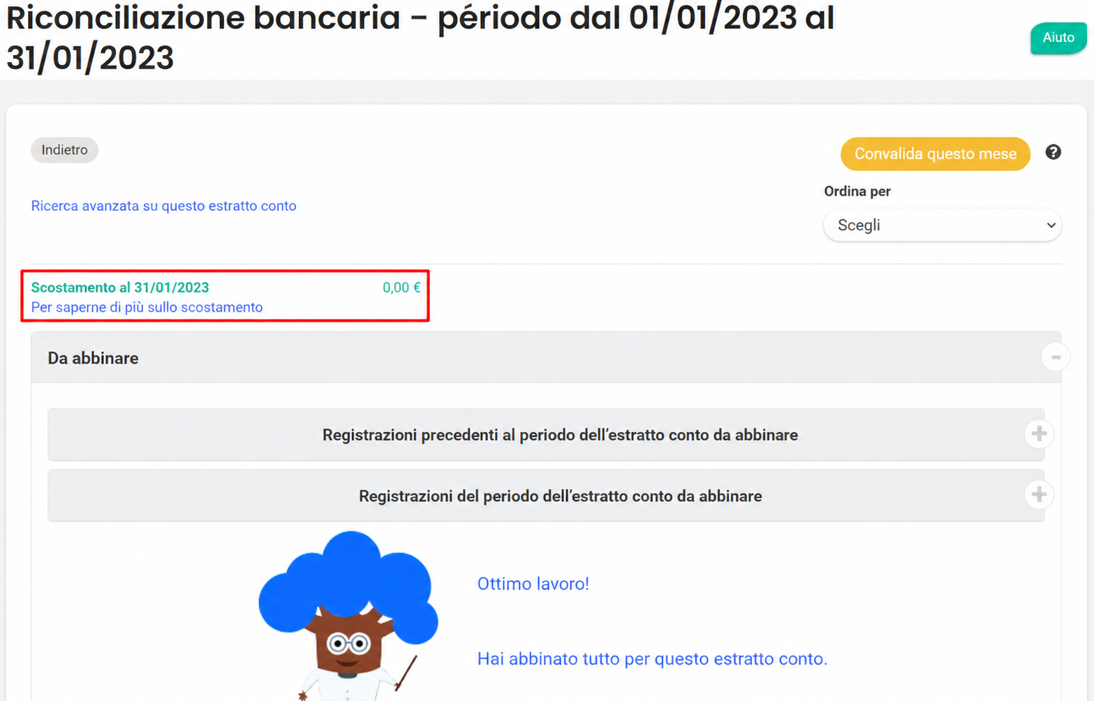 Page de rapprochement bancaire (01/01/2023 au 31/01/2023) avec un écart à 0,00 € encadré en rouge et le message « Beau travail ! Vous avez tout pointé »
