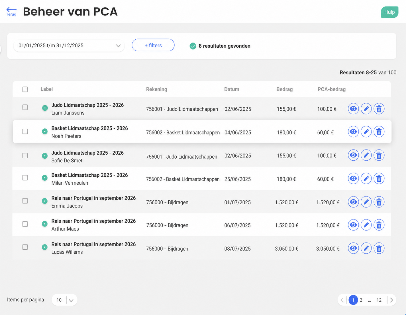 Lijst van de PCA's in AssoConnect voor 2025, met 7 lijnen met omschrijving, rekening, datum, bedrag en PCA-bedrag, en acties (bekijken, wijzigen, verwijderen)