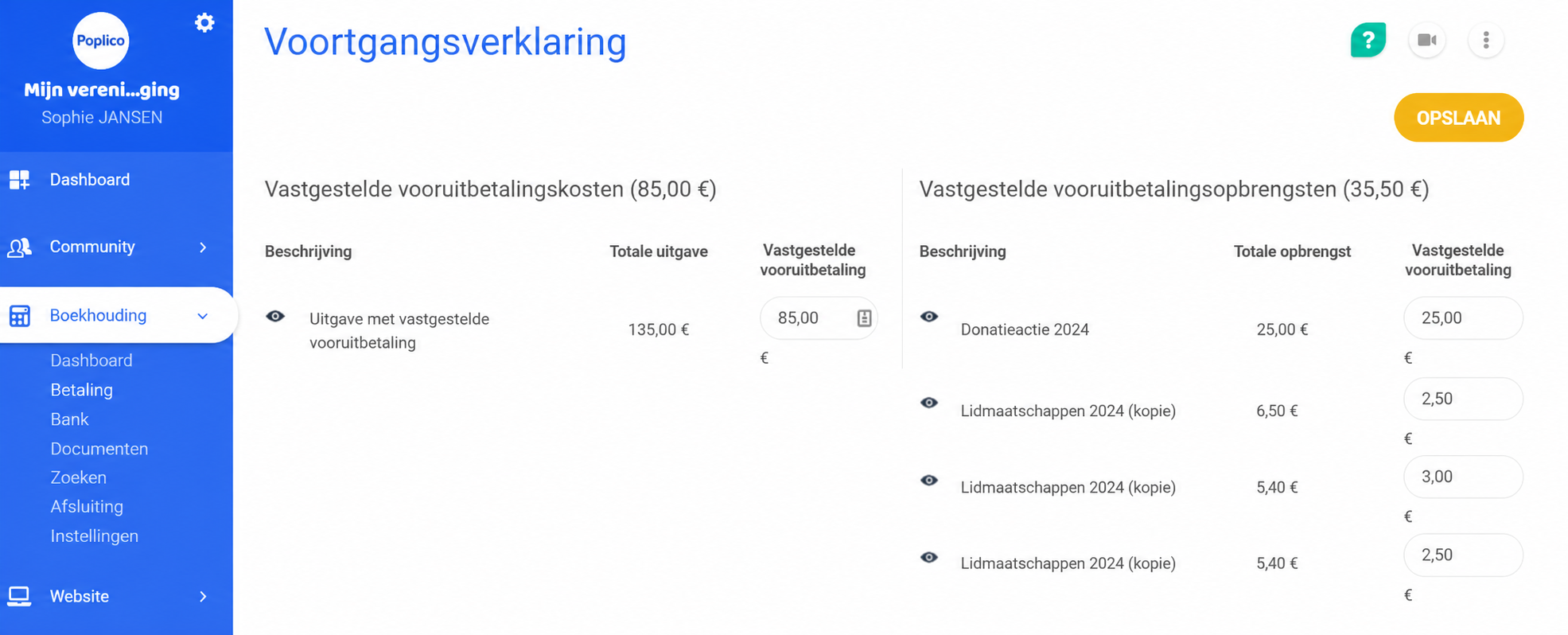 Pagina « Constaté d'avance » van AssoConnect, met de sectie « Charges constatées d'avance » (80 €) gemarkeerd, met een uitgave van 125 € en een over te dragen bedrag van 80 €.
