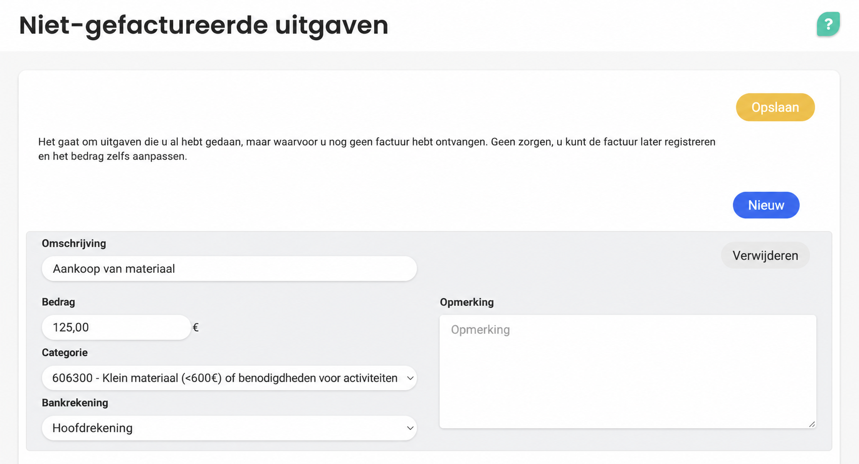 Formulier “Te ontvangen facturen” met de velden Omschrijving, Bedrag (100 €), Categorie en Bankrekening, en de knoppen Nieuwe, Opslaan en Verwijderen