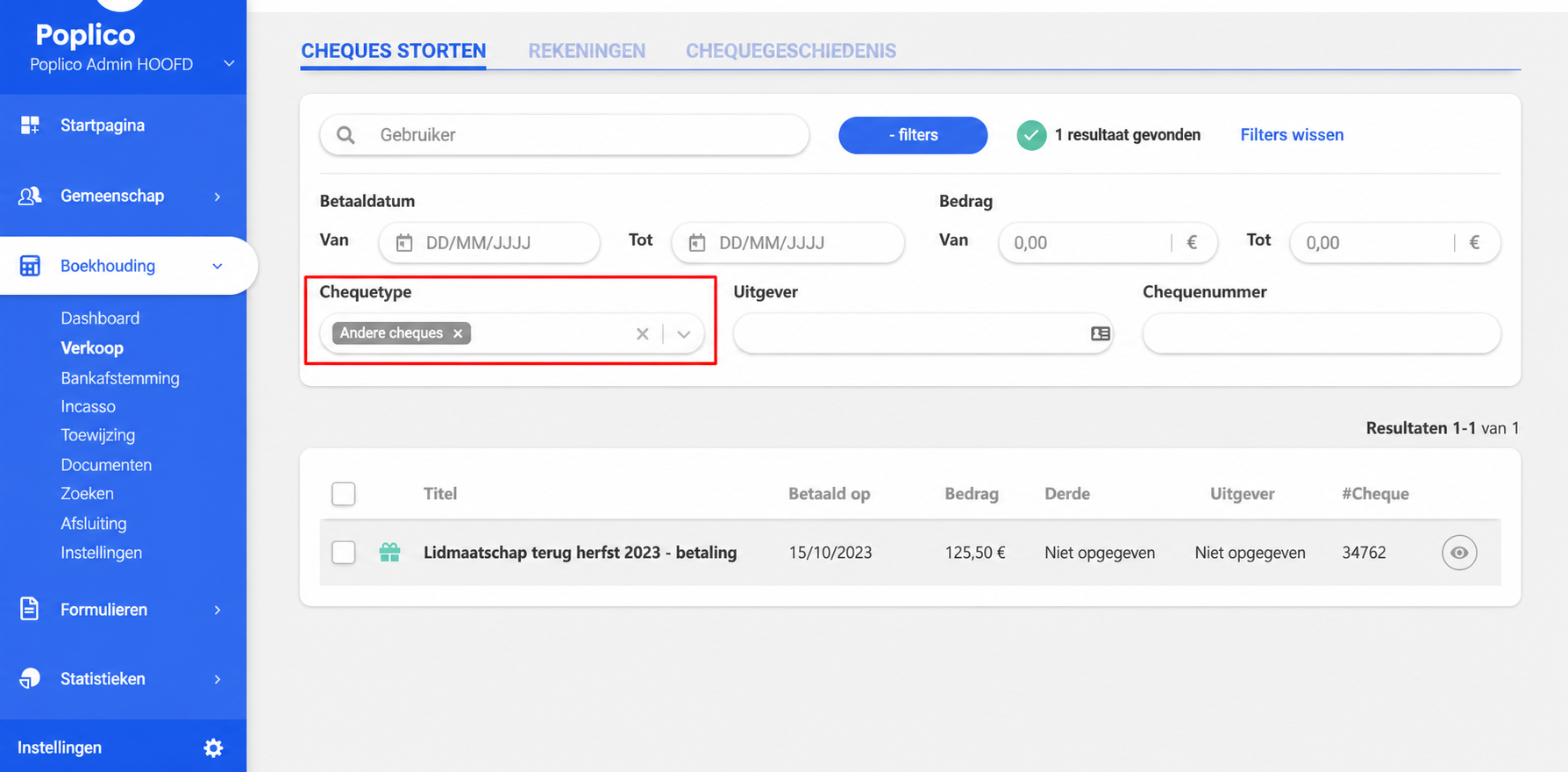 Filter « Type cheque » met de waarde « Andere cheques » geselecteerd in de lijst met te deponeren cheques, met 1 gevonden resultaat.