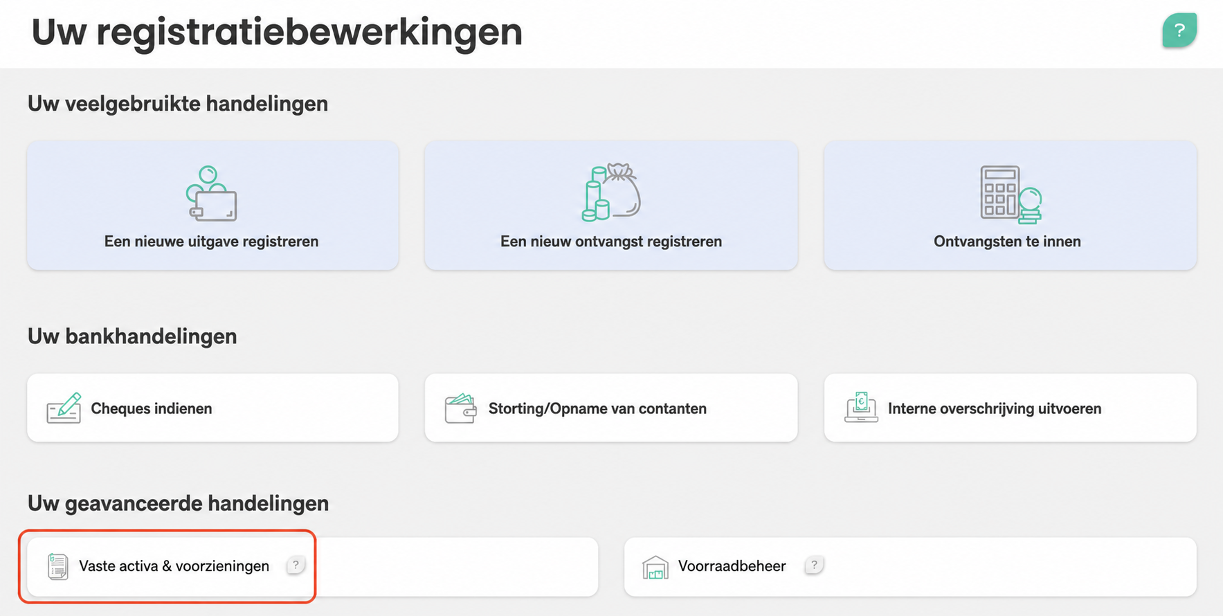 Pagina “Uw invoerverrichtingen” in AssoConnect, met de tegel “FNP & voorzieningen” gemarkeerd in de sectie Geavanceerde verrichtingen.