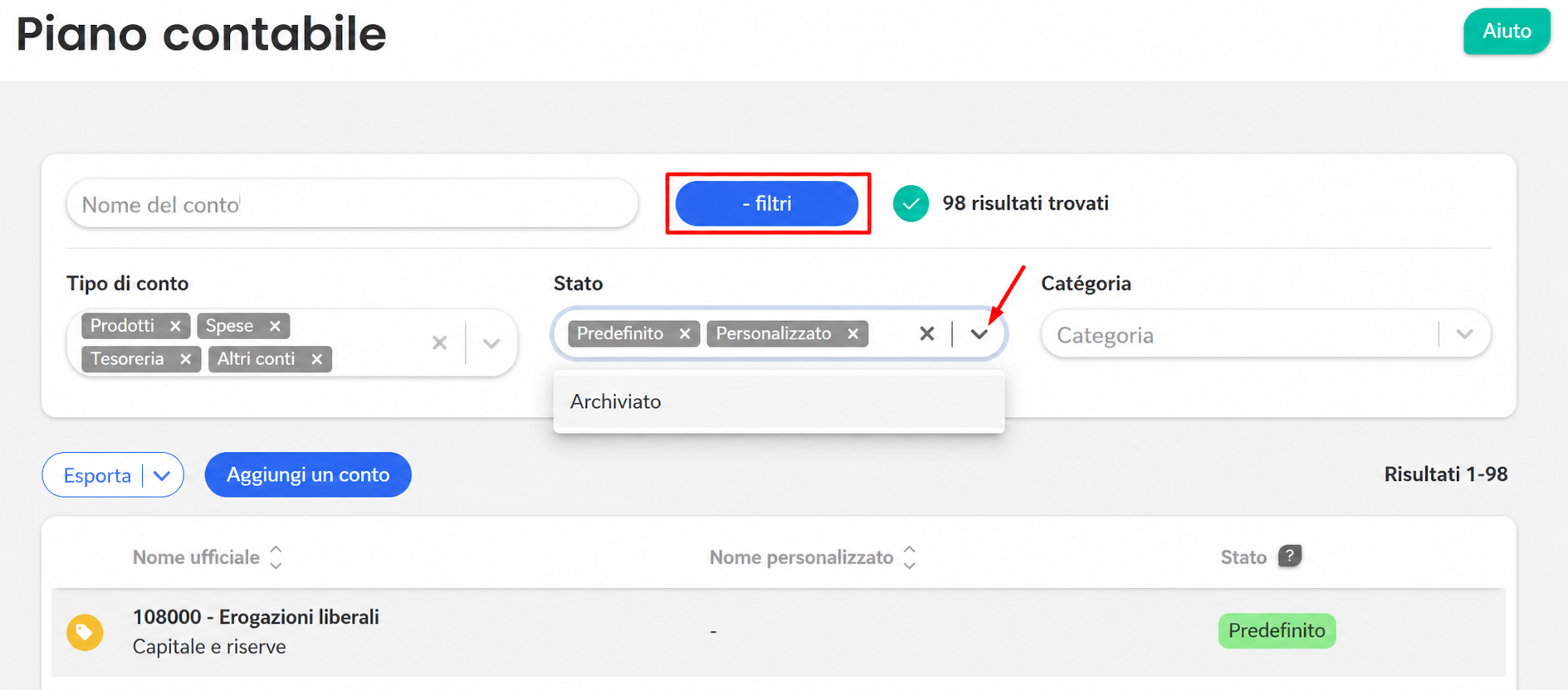 Plan comptable con i filtri Statut « Par défaut » e « Personnalisé » attivi e il menu a tendina che mostra l'opzione « Archivé »