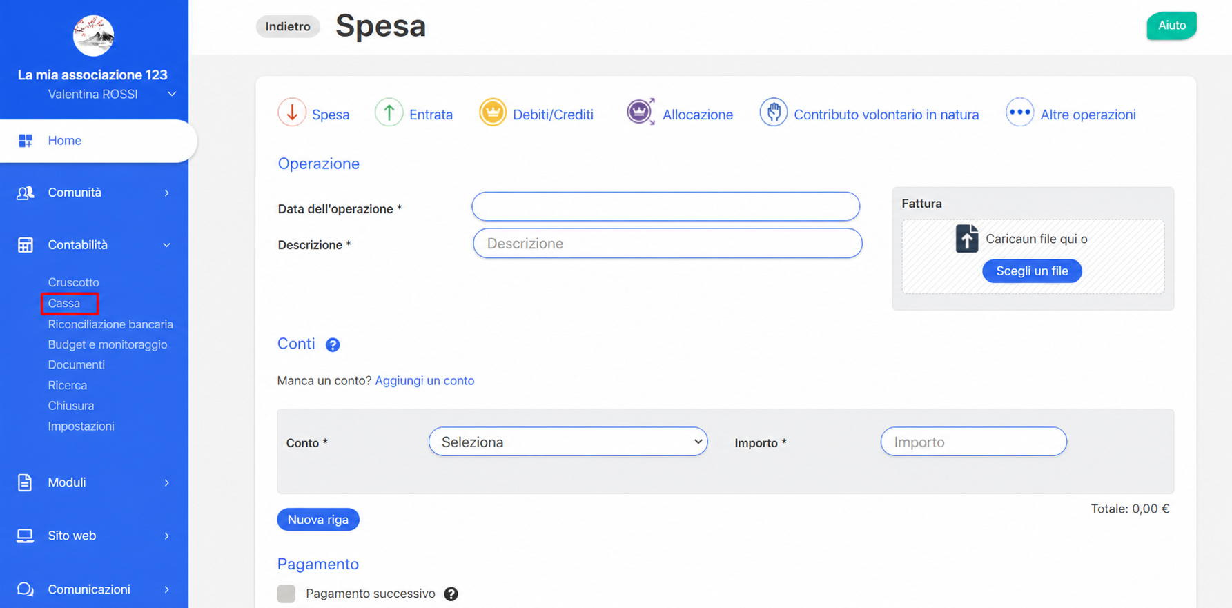 Formulaire de saisie d'une dépense dans AssoConnect, avec les champs Date, Libellé, Compte, Montant et une zone d'ajout de facture