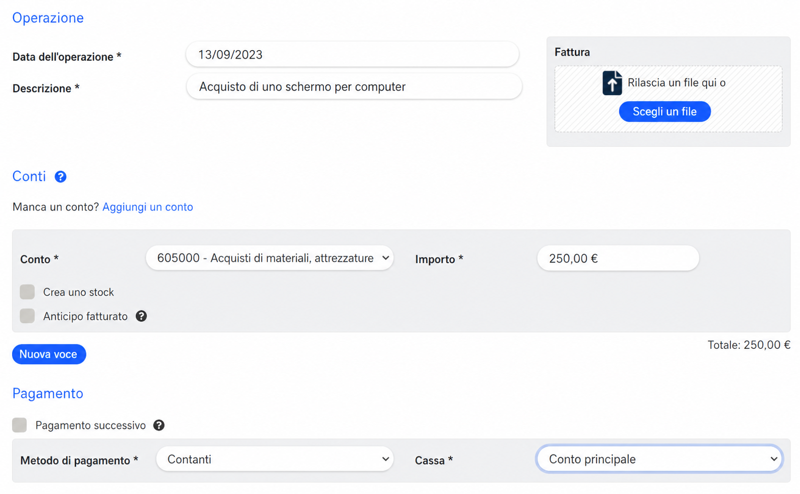 Formulaire de saisie d'une opération comptable : achat d'un écran d'ordinateur le 13/09/2023, compte 605000, montant 200 €, paiement en espèces.
