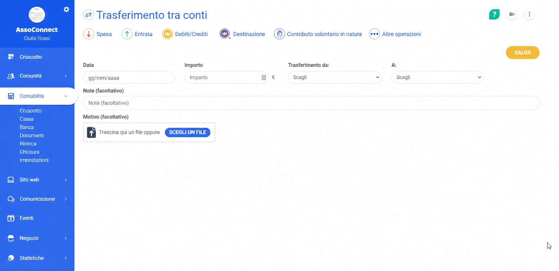 Formulaire « Transfert entre comptes » dans AssoConnect, avec les champs Date, Montant, Transfert de et Vers à renseigner