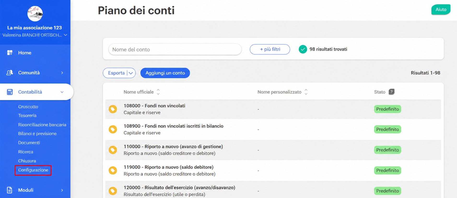 Pagina « Plan comptable » in AssoConnect, con il menu Configuration evidenziato, che mostra 98 conti elencati con il loro stato.