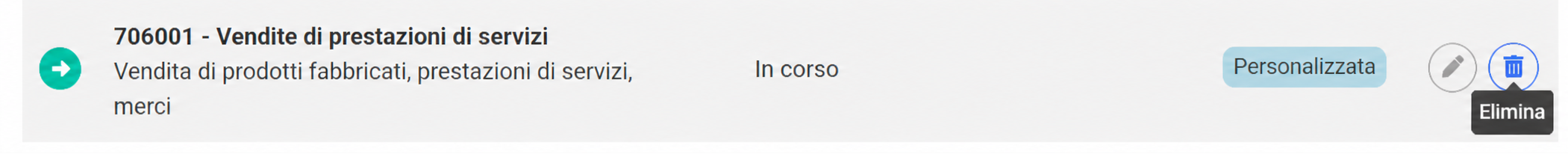 Riga del conto « 706001 - Ventes de prestations de services » con il pulsante Supprimer evidenziato in rosso