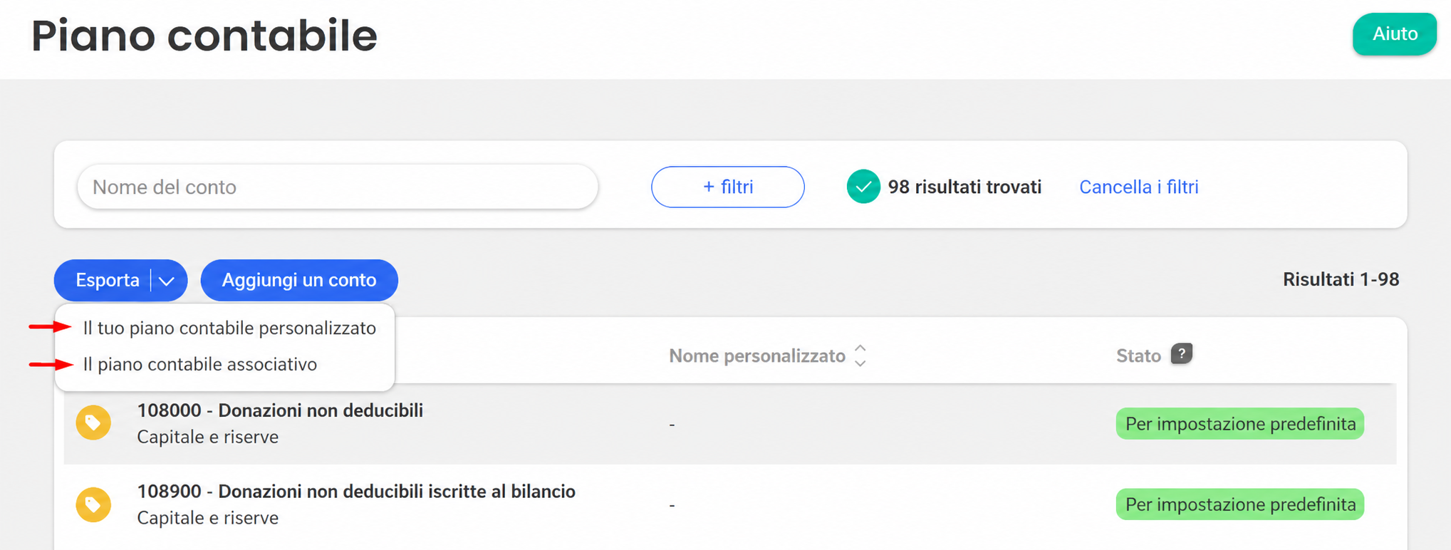 Plan comptable in AssoConnect: menu a tendina del pulsante « Exporter » che mostra due opzioni, « Votre plan comptable personnalisé » e « Le plan comptable associatif »