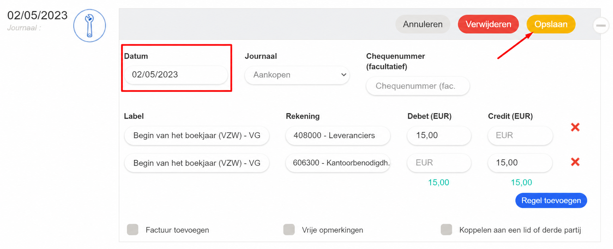Formulier van een boeking met de datum (02/05/2023) rood omkaderd en de knop “Opslaan” aangeduid met een rode pijl