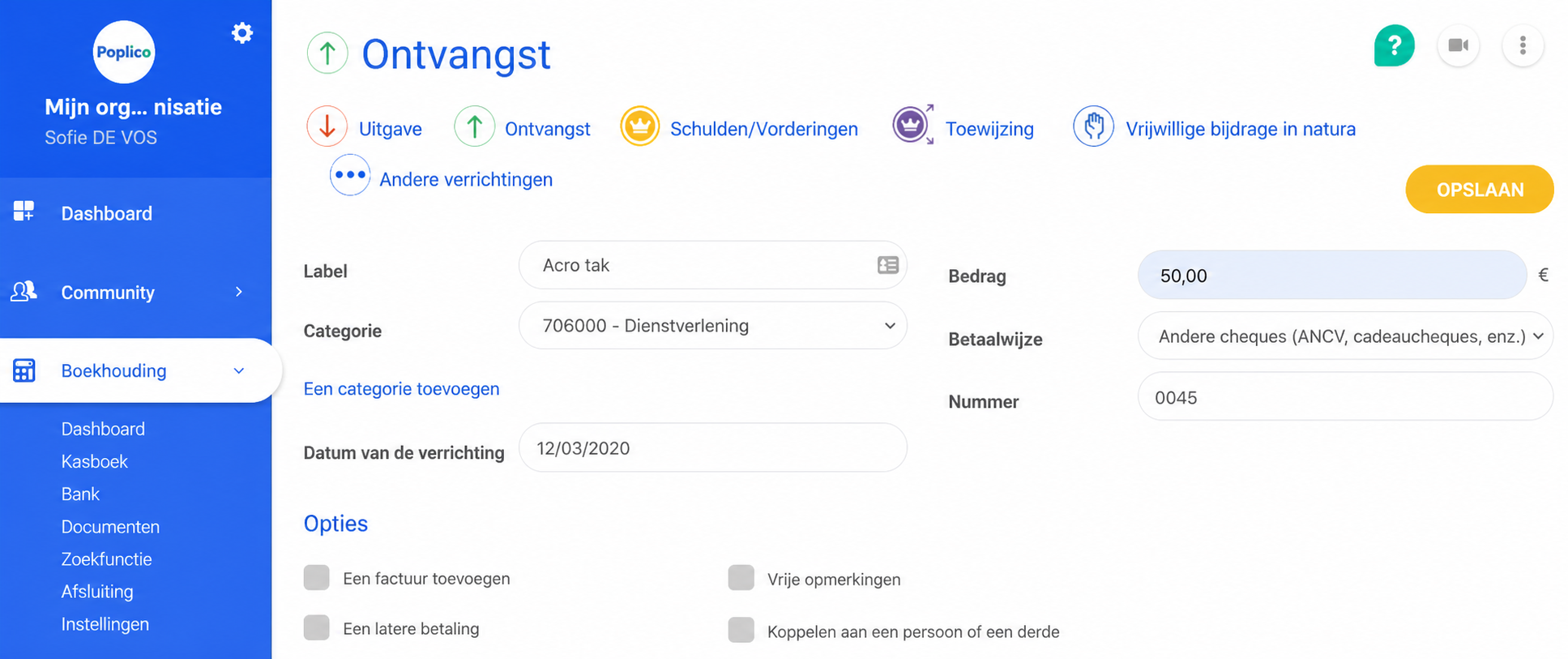 Invoerformulier van een ontvangst in AssoConnect, met de omschrijving « Acro branche », de categorie 706000, een bedrag van 50 € en de betaalwijze per cheque.