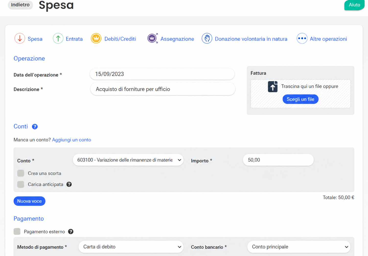 Formulaire de saisie d'une dépense dans AssoConnect, avec la date, le libellé « Achat de fournitures administratives », le compte 603100, un montant de 50 € et le paiement par carte bancaire.