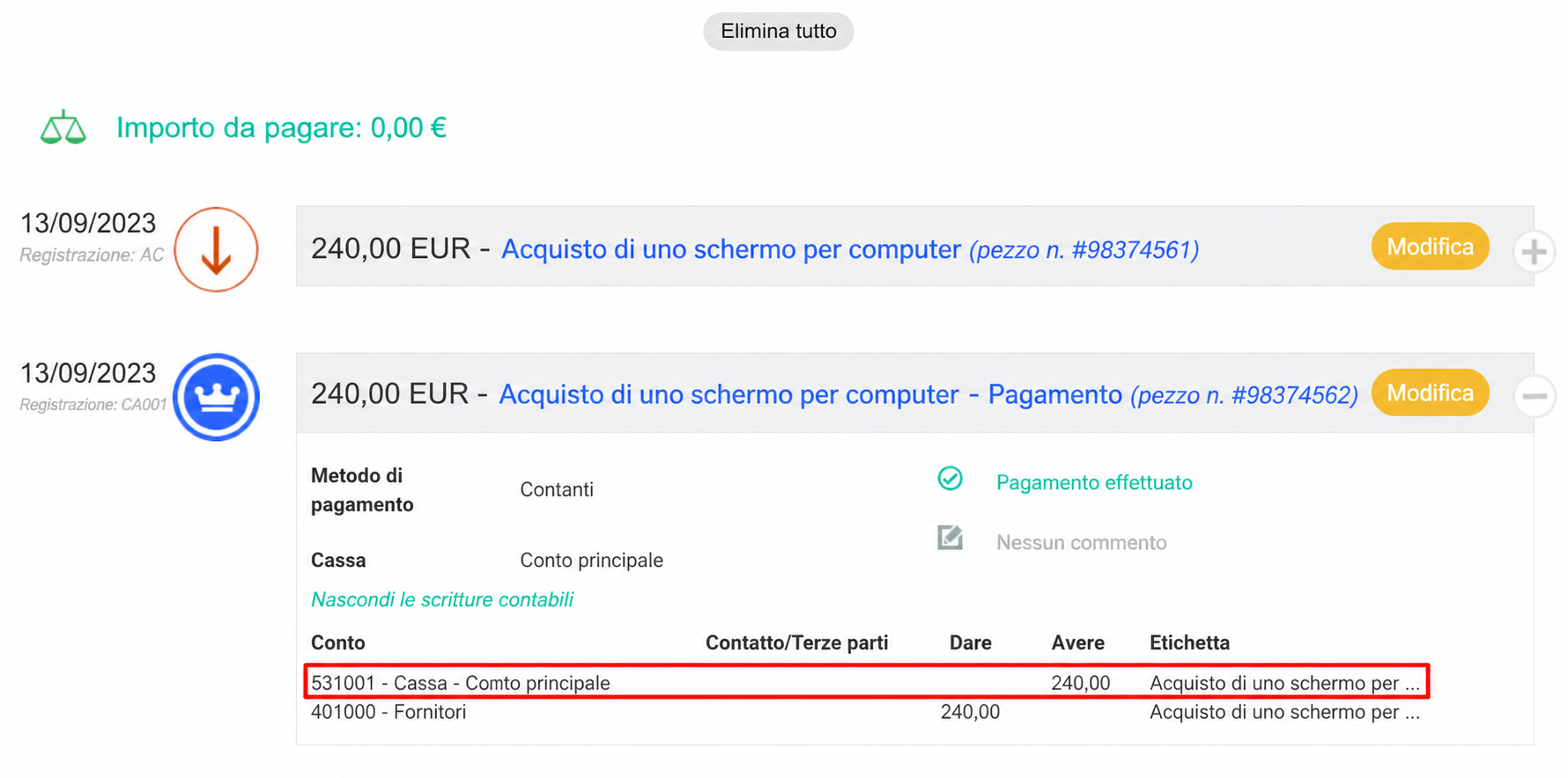 Écran de paiement d'achat dans AssoConnect : reste à payer 0€, avec l'écriture comptable 531001 Caisse – Compte principal au crédit de 200,00€ mise en évidence.