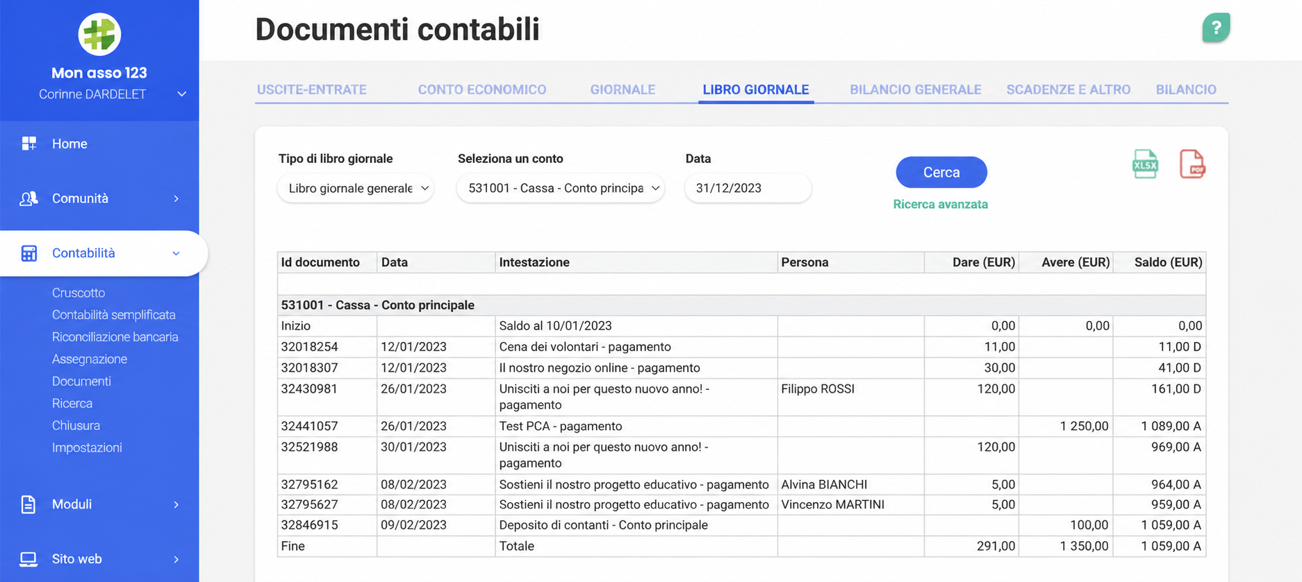 Interface AssoConnect affichant le Grand Livre général du compte 531001 - Caisse, avec les colonnes Débit, Crédit et Solde pour l'exercice 2023.