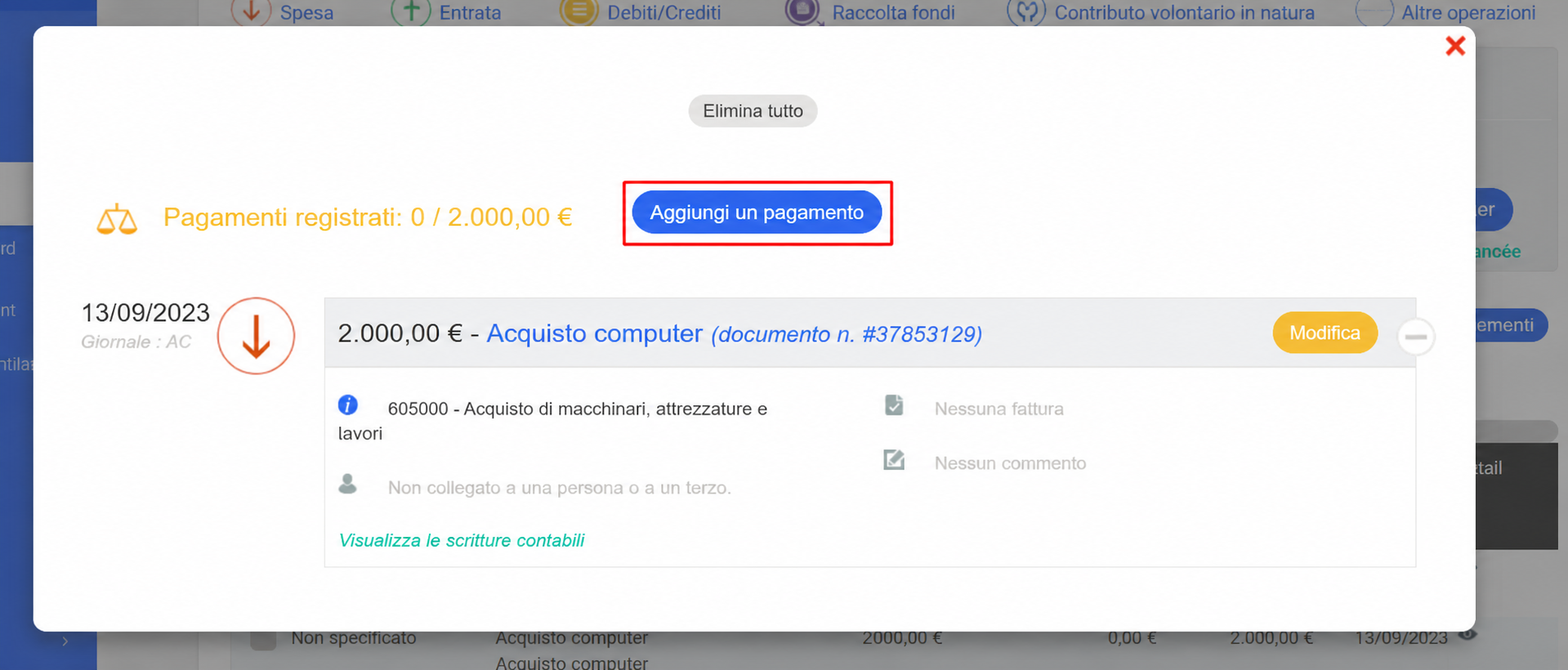Fenêtre de gestion des paiements d'une dépense de 2 000 € (Achat ordinateur), avec le bouton « Ajouter un paiement » mis en évidence