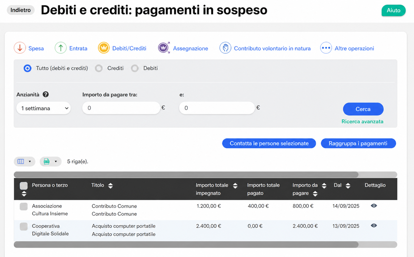 Page « Dettes et créances : paiements en attente » d'AssoConnect, affichant un tableau avec des lignes de subvention mairie et achat ordinateur, leurs montants engagés, payés et restants à payer.