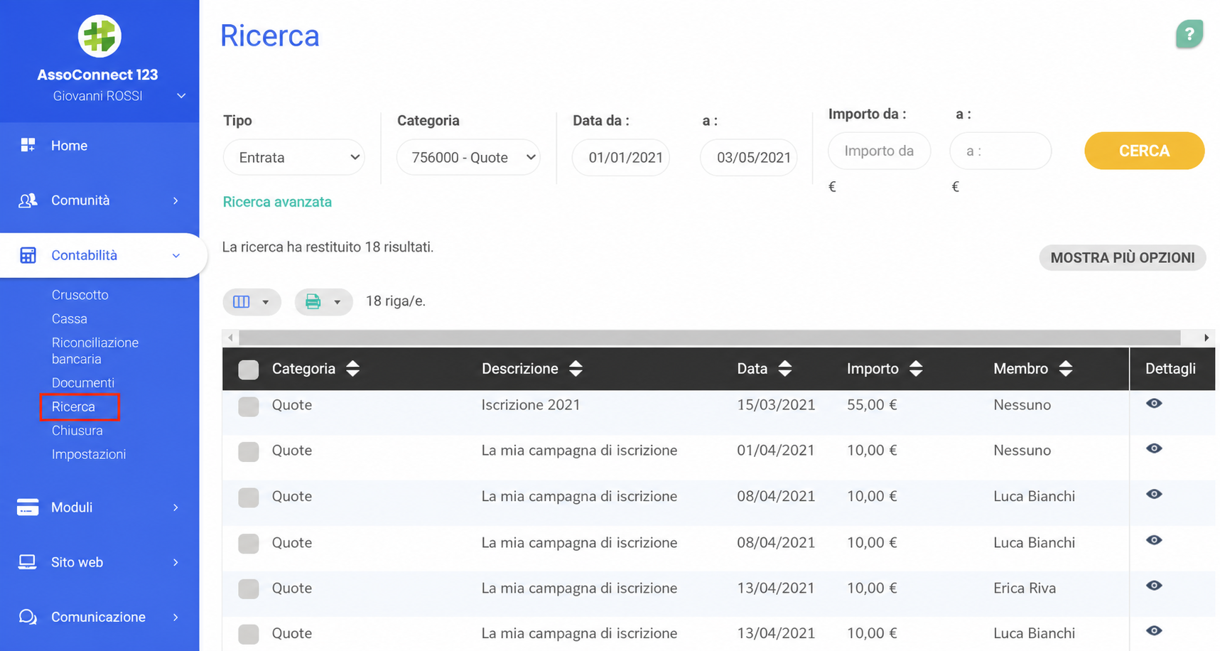 Pagina Ricerca della contabilità AssoConnect, con filtri (Tipo, Categoria, Data) e una tabella che elenca 18 scritture di iscrizioni, con la scheda « Ricerca » evidenziata nel menu.