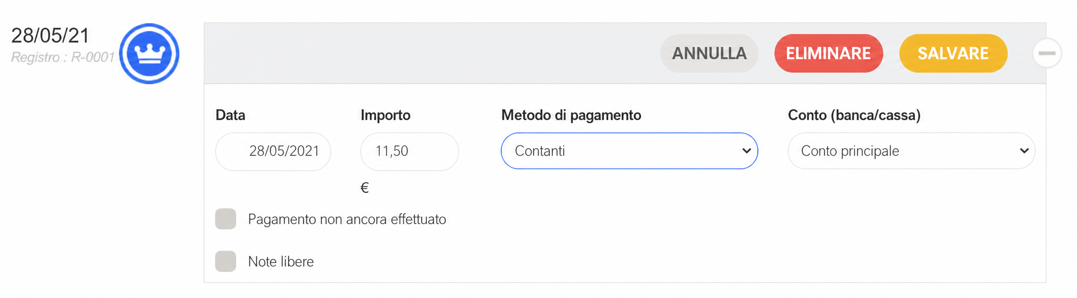 Modulo di registrazione di un pagamento con la data (28/05/2021), l'importo (10,00 €), il metodo di pagamento « Contanti » e il conto « Conto principale »