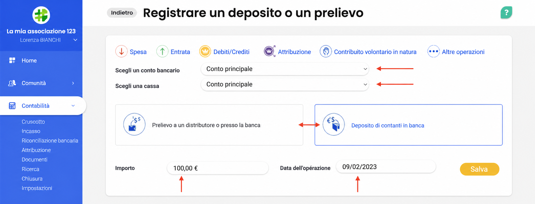 Formulaire « Enregistrer un dépôt ou un retrait » avec le type « Dépôt d'espèces à la banque » sélectionné, un montant de 100,00 € et la date du 09/02/2023.