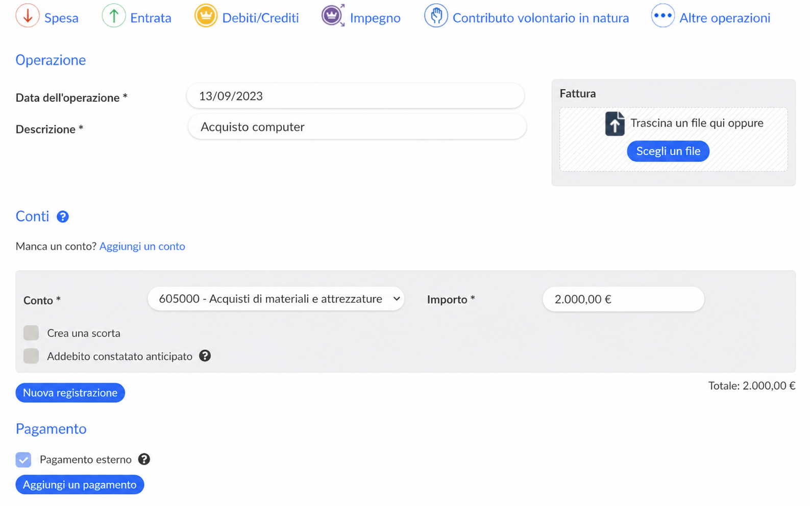Formulaire de saisie d'une dépense dans AssoConnect avec la case « Paiement ultérieur » cochée, mise en évidence par une flèche rouge