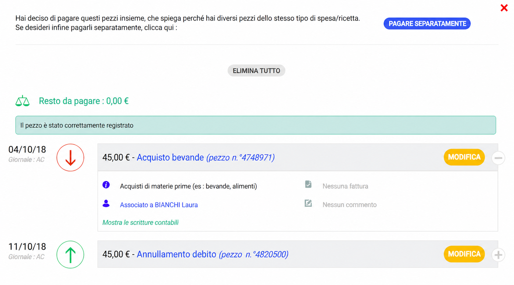 Écran de paiement groupé AssoConnect affichant « Reste à payer : 0€ » avec deux pièces liées : un achat boissons et une annulation de dette de 90€ chacune.