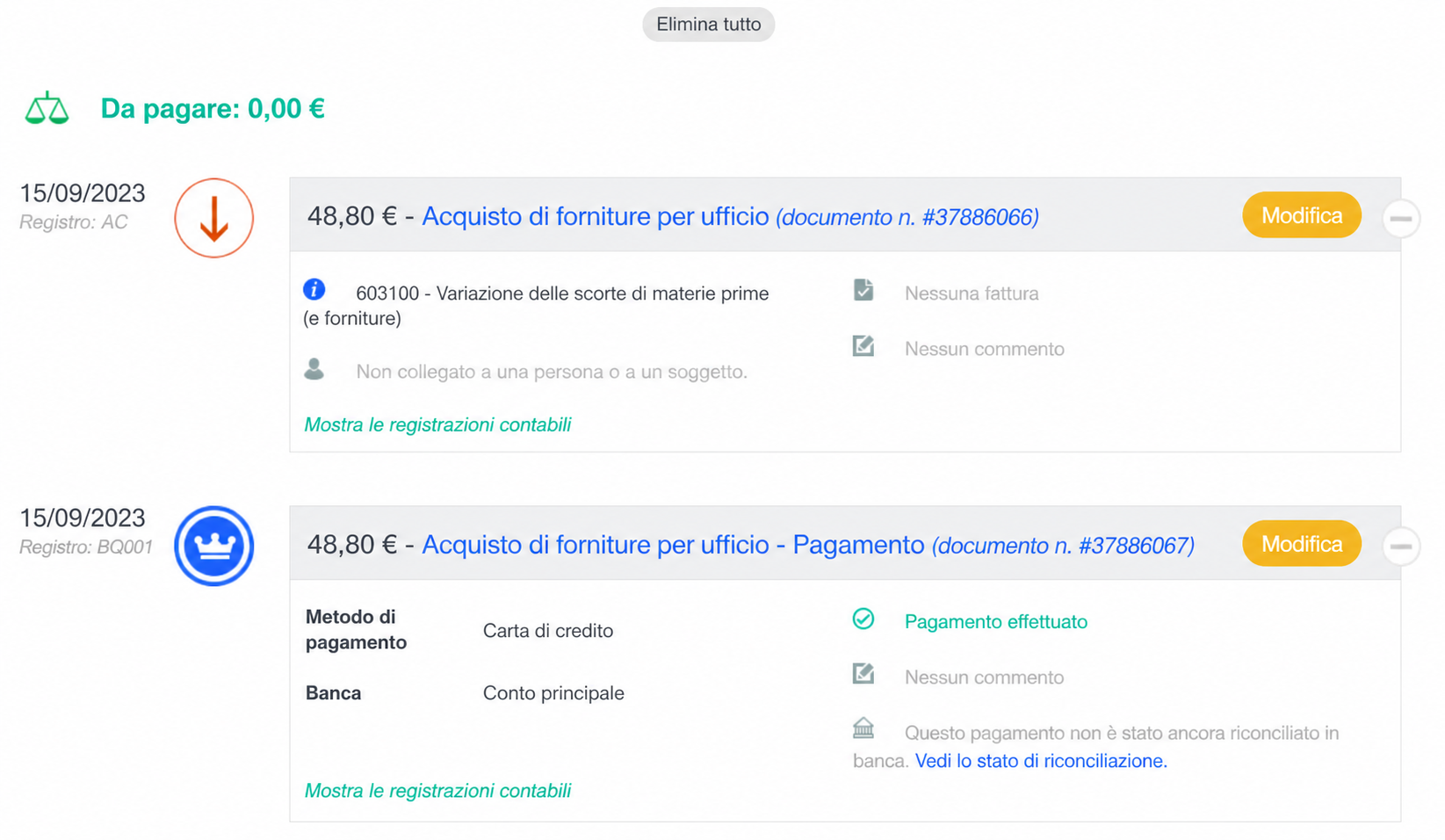 Fiche de dépense AssoConnect affichant « Reste à payer : 0€ » avec deux écritures de 50 € : l'achat de fournitures administratives et son paiement par carte bancaire.