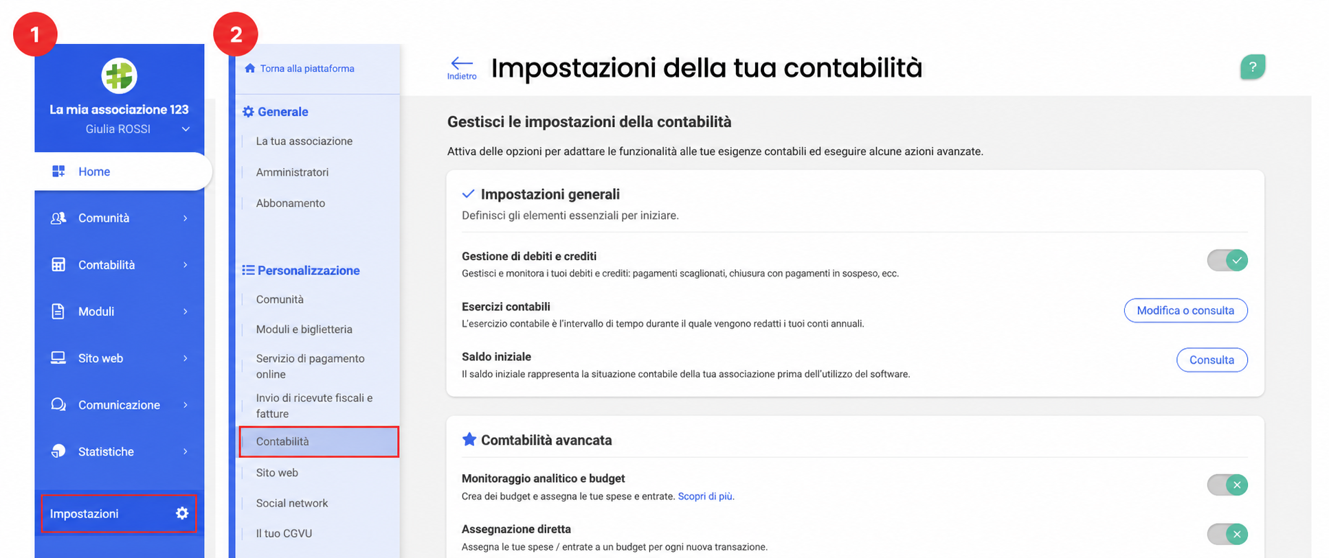 Page « Paramètres de votre comptabilité » dans AssoConnect, avec le menu Paramètres (1) et l'onglet Comptabilité (2) mis en évidence.