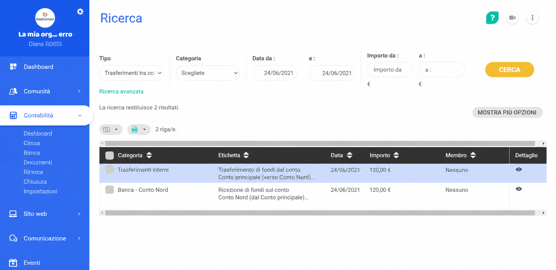 Page Recherche en comptabilité AssoConnect affichant 2 résultats de transferts internes de 100 € datés du 24/06/2021