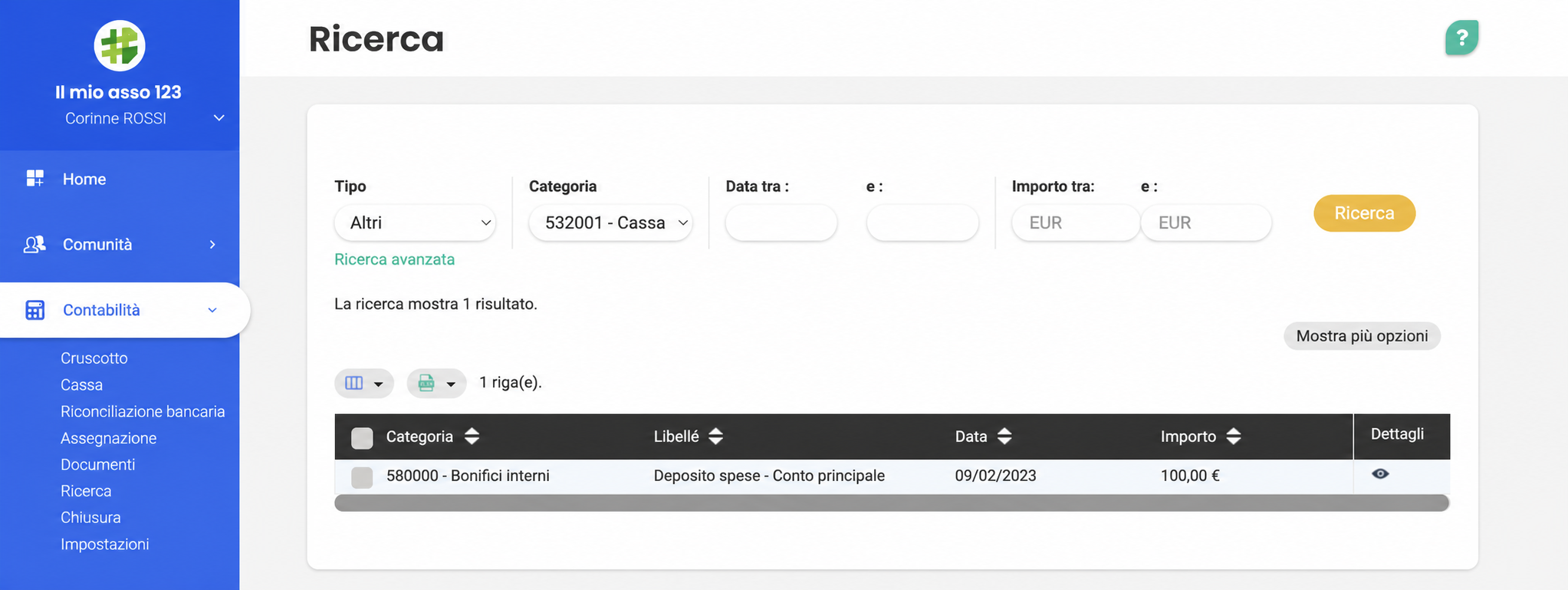 Page Recherche en comptabilité AssoConnect affichant un résultat : écriture « Dépôt d'espèces - Compte principal » de 100 € datée du 09/02/2023
