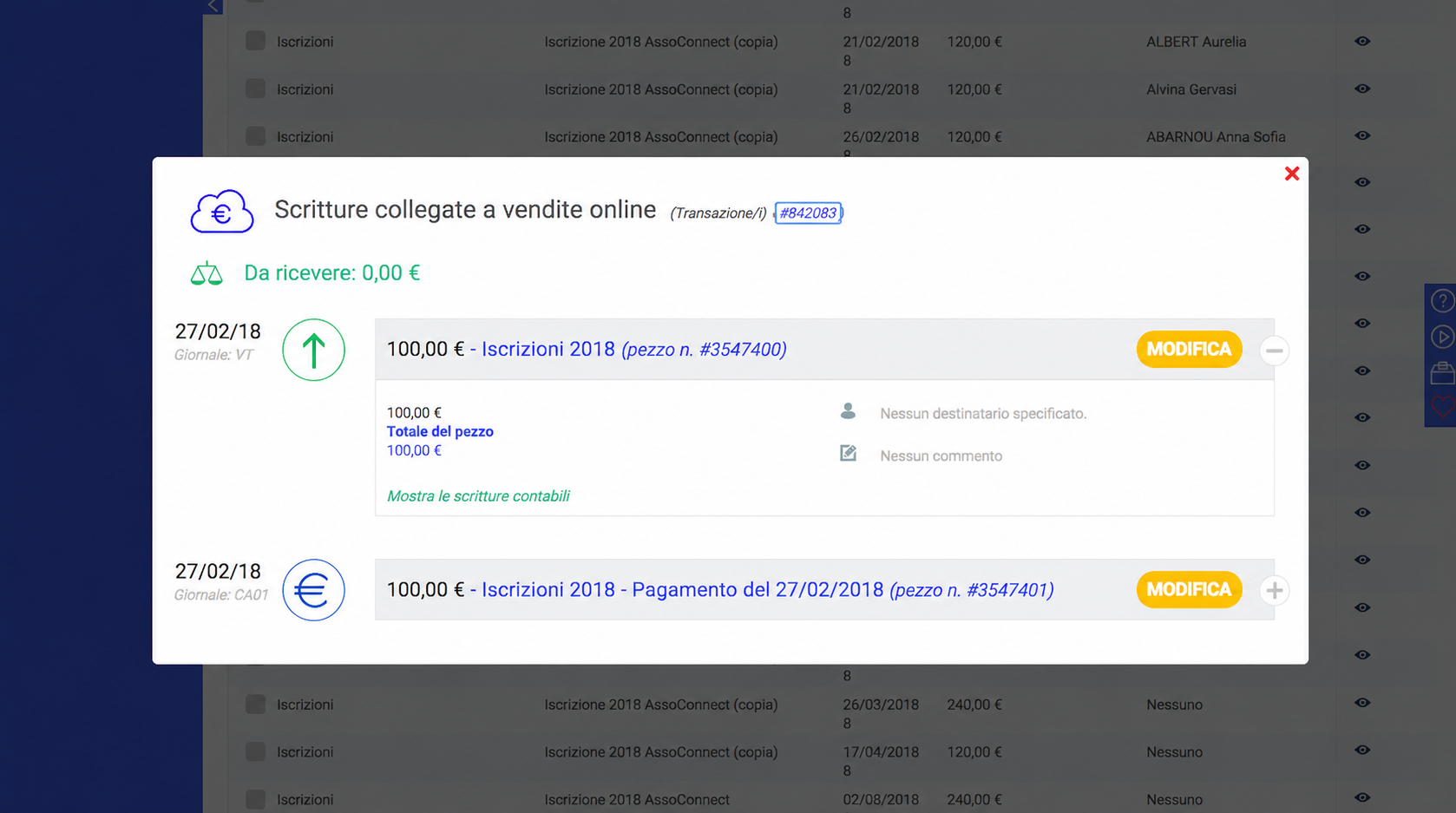 Finestra « Scritture collegate a vendite online » che mostra due scritture contabili di 100 € per le Iscrizioni 2017, con i relativi pulsanti Modifica e il saldo ancora da ricevere pari a 0 €