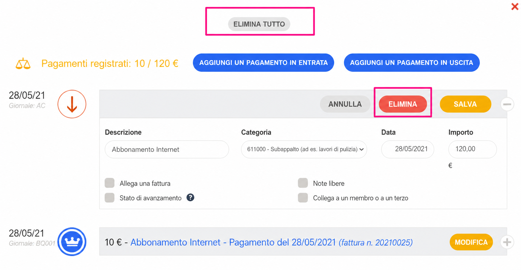Interfaccia di pagamento AssoConnect che evidenzia i pulsanti « Elimina tutto » ed « Elimina » riquadrati in rosa, su una scrittura « Abbonamento internet » di 120 € del 28/05/2021.