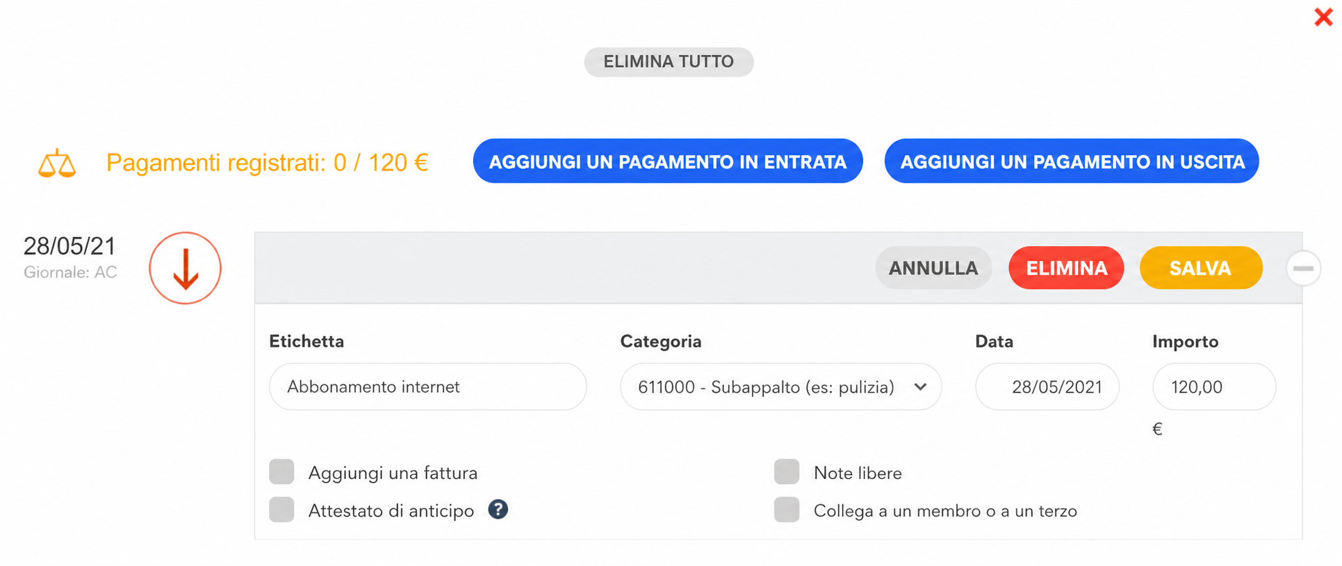 Modulo di inserimento di una spesa in AssoConnect: descrizione « Abbonamento internet », categoria 611000, data 28/05/2021, importo 120 €