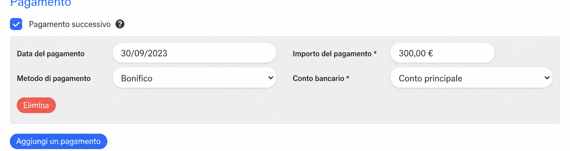 Section Paiement avec un virement de 300,00 € au 30/09/2023 sur le compte principal, et les boutons « Supprimer » et « Ajouter un paiement »
