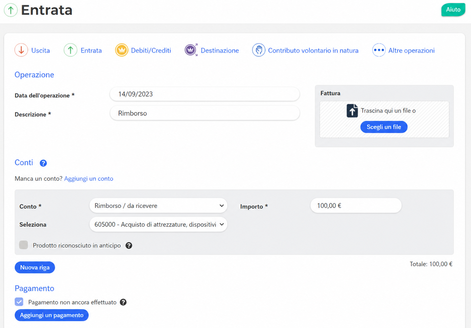 Formulaire de recette AssoConnect avec les champs « Remboursement / avoir », compte 605000, montant 100 €, et l'option « Paiement ultérieur » cochée, tous encadrés en rouge.