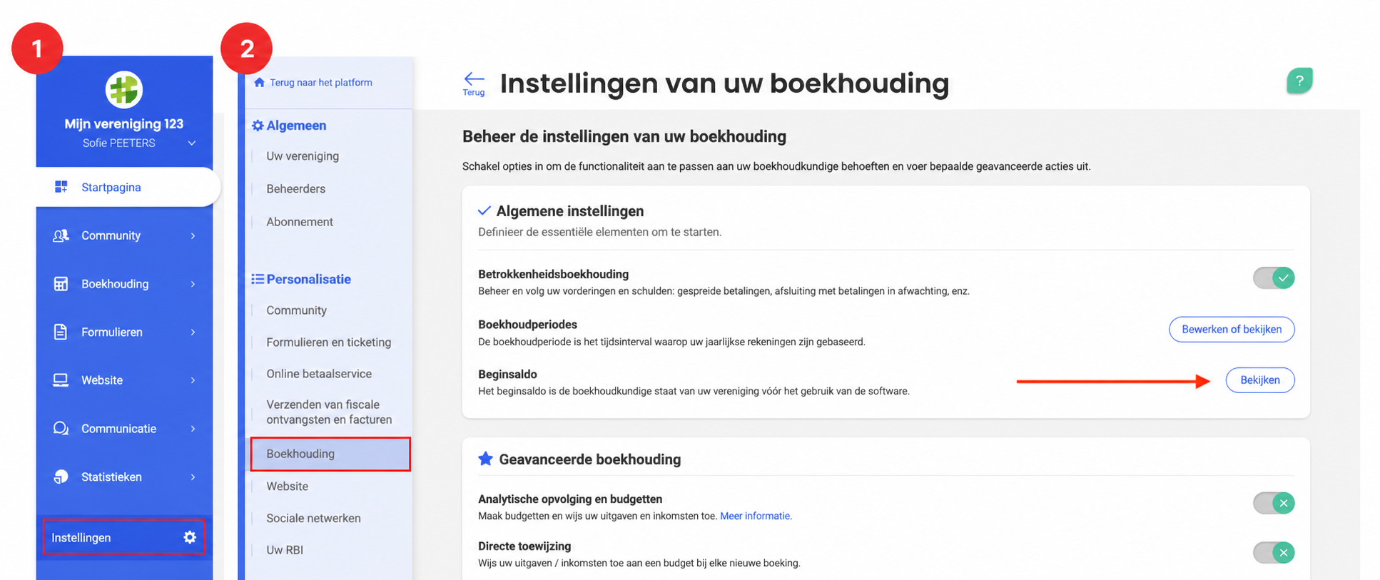 Boekhoudinstellingen in AssoConnect met de sectie “Beginbalans” aangeduid met een rode pijl naar de knop “Raadplegen”