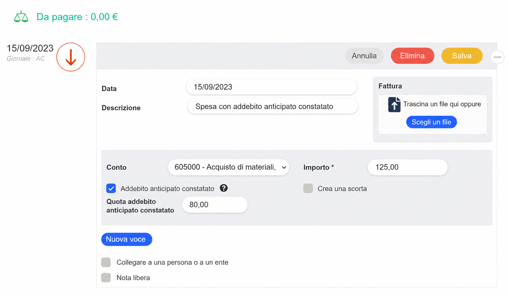 Modulo di inserimento di una spesa con la casella « Charge constatée d'avance » spuntata, un importo di 125 € e una quota riscontata di 80 €.
