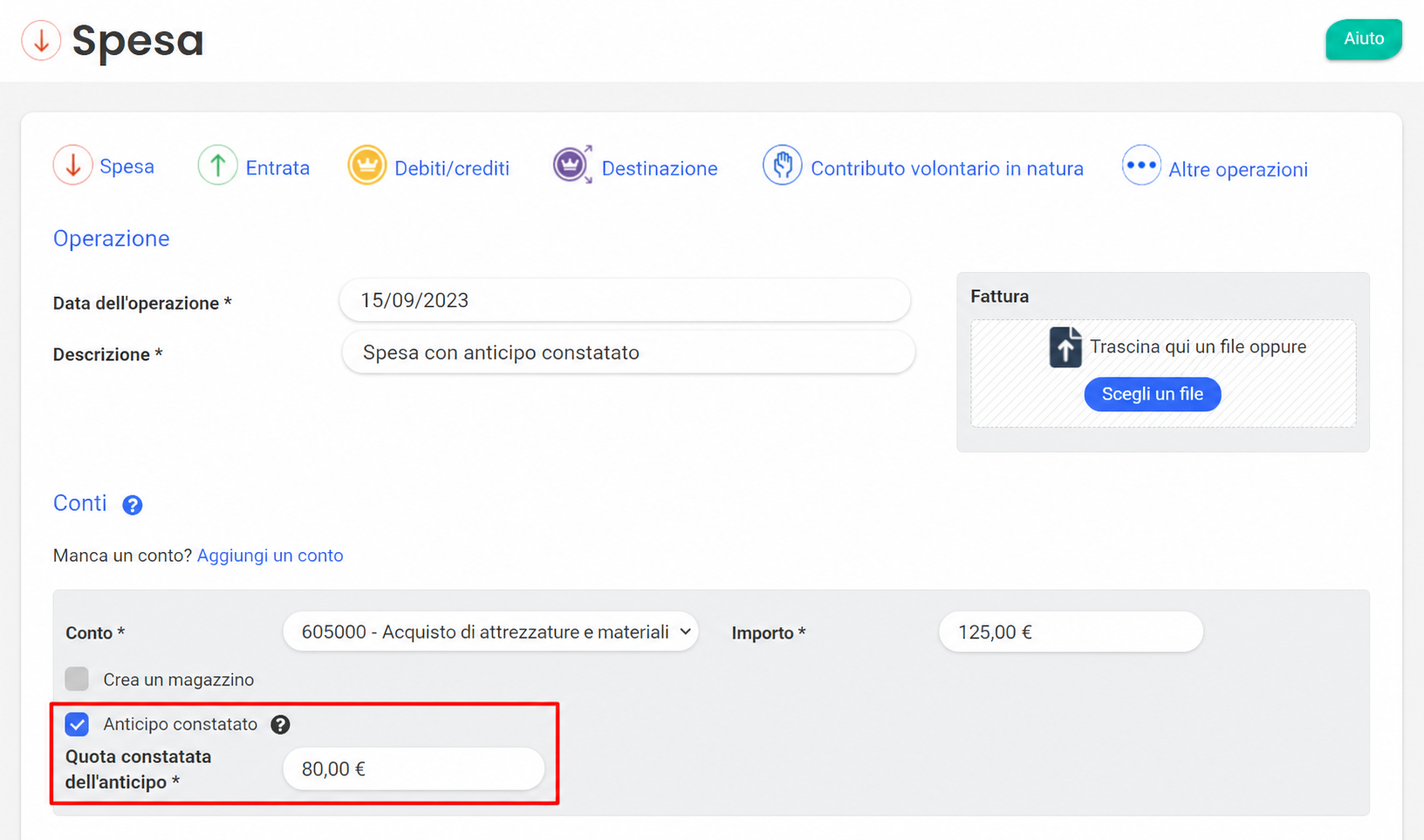 Modulo di spesa AssoConnect con la casella « Charge constatée d'avance » spuntata e una quota di risconto di 80,00 € su un importo di 125,00 €.