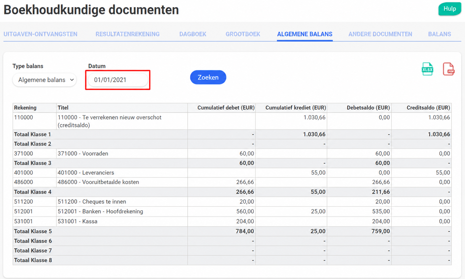 Tabblad “Algemene balans” van de Boekhoudkundige documenten, met een rode pijl ernaar en een datumfilter op 01/01/2021, met de debet-/creditsaldi per rekeningklasse.