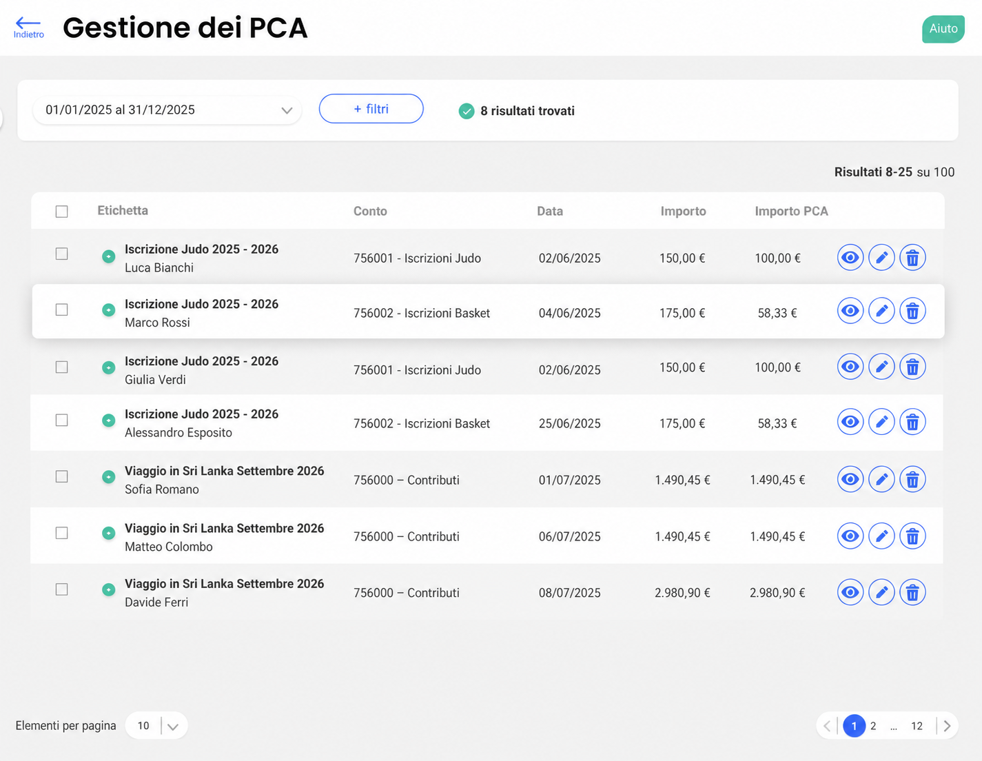 Elenco dei PCA in AssoConnect per il 2025, con 7 voci contenenti descrizione, conto, data, importo e importo PCA, oltre alle azioni (visualizza, modifica, elimina)
