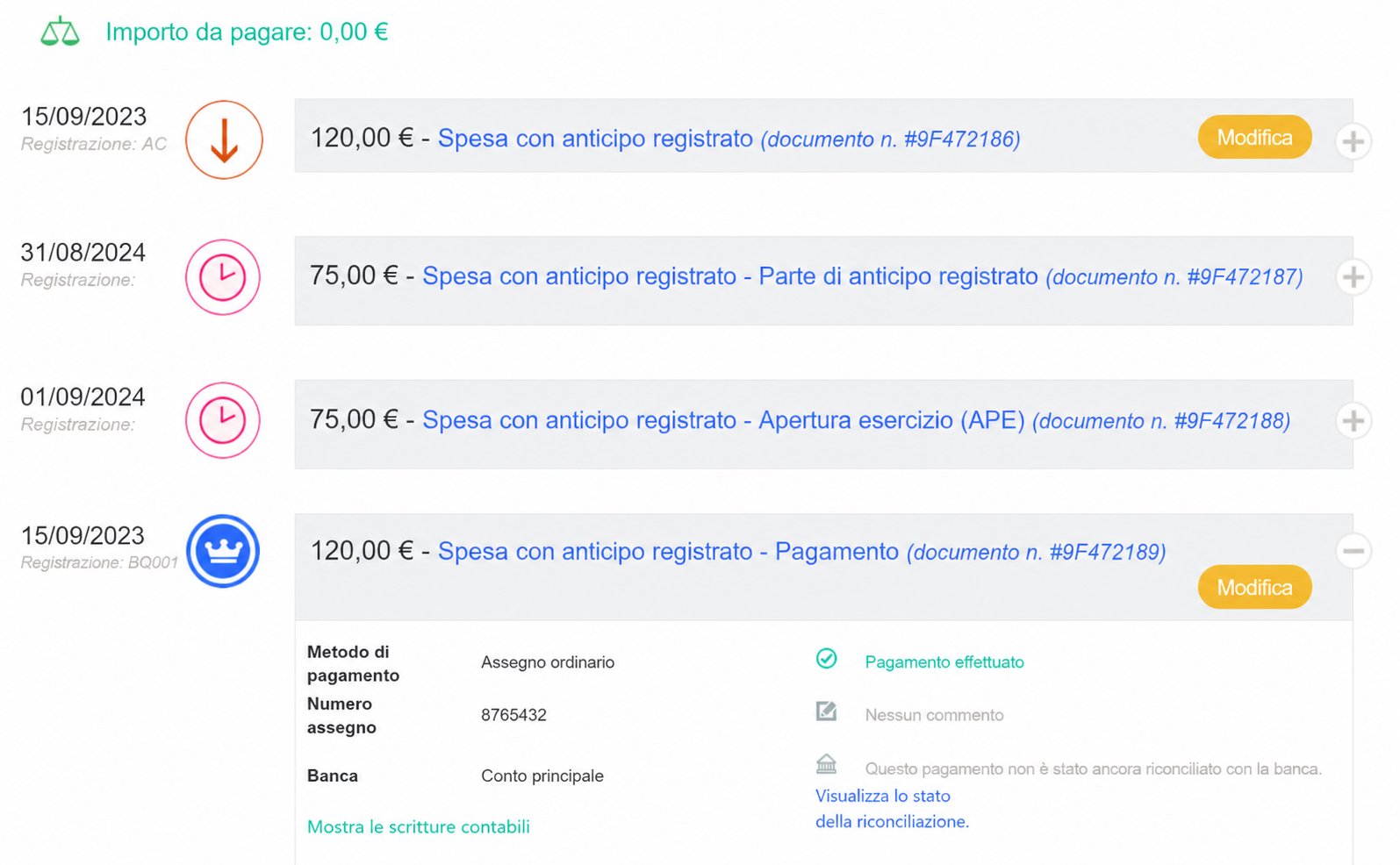 Dettaglio di una spesa con risconto attivo in AssoConnect: residuo da pagare 0 €, 4 scritture collegate (125 € AC, 80 € CCA, pagamento con assegno n°0573629)