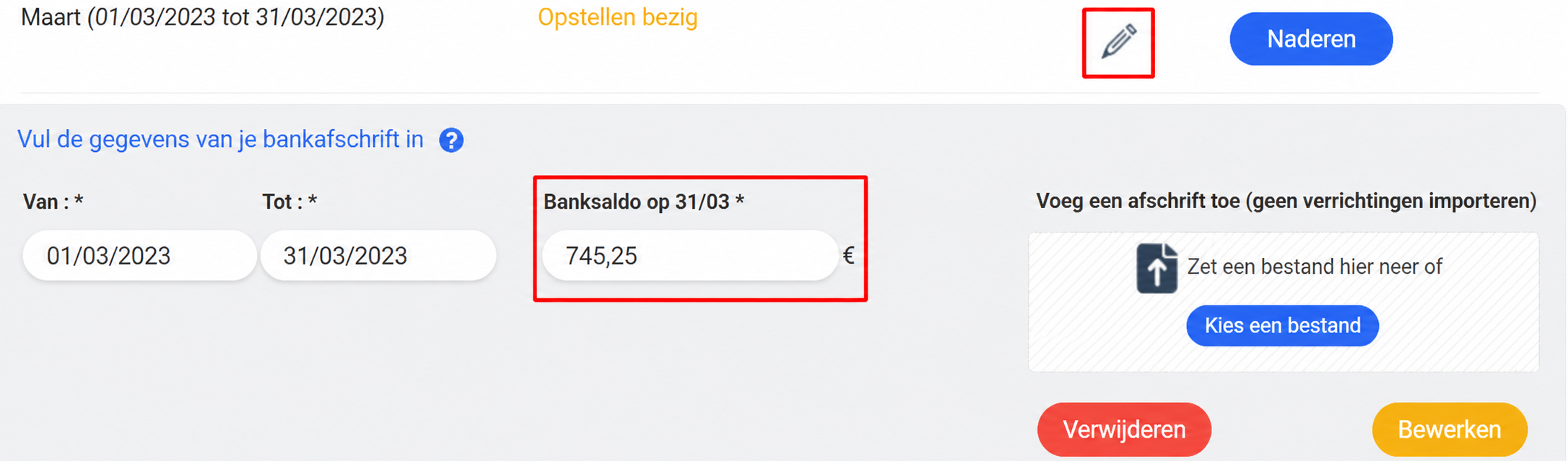 Formulier bankuittreksel van maart 2023 met het veld « Banksaldo op 31/03 » aangeduid, met 500,00 €