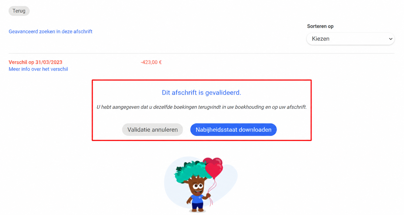 Scherm van een gevalideerde bankafstemming in AssoConnect, met een verschil van -423 € op 31/03/2023 en de knoppen « Validatie annuleren » en « Afstemmingsstaat downloaden »