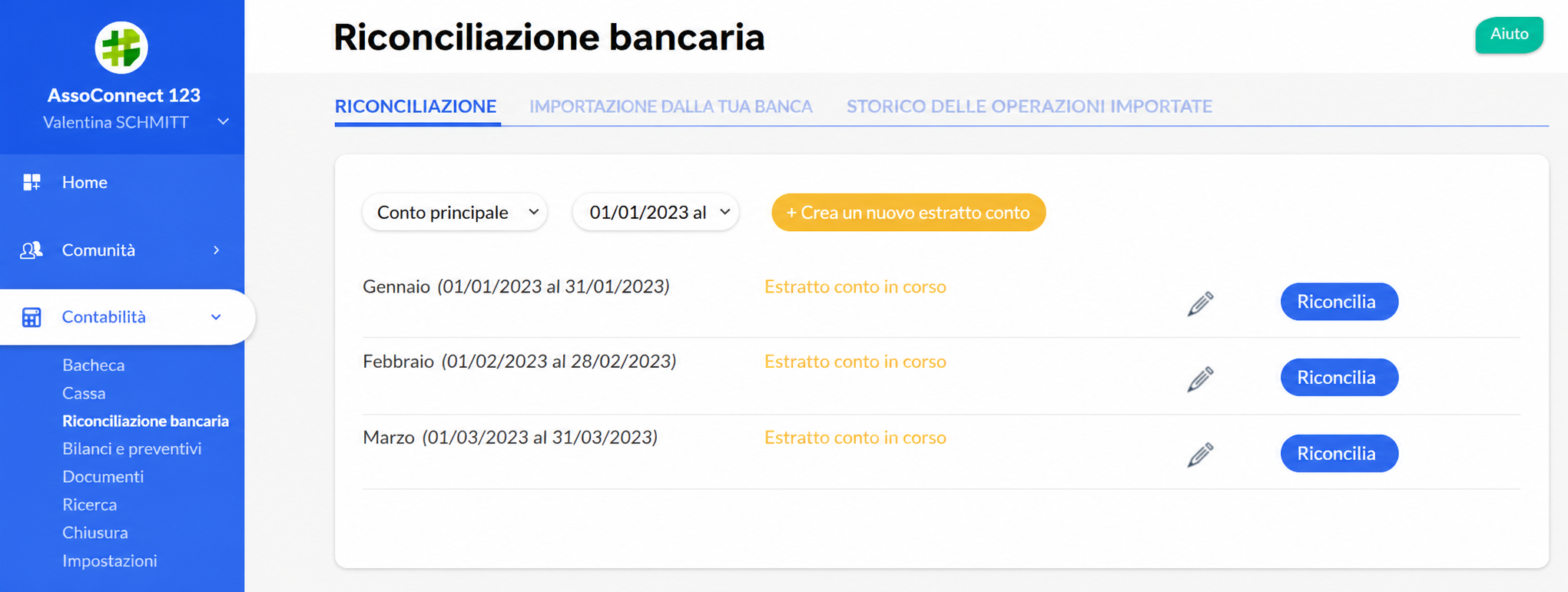 Pagina Riconciliazione bancaria in AssoConnect, con la scheda « Riconciliazione » evidenziata e tre estratti conto mensili (da gennaio a marzo 2023) con lo stato « Estratto conto in corso »